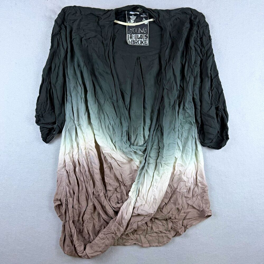 Young Fabulous & Broke Womens L Ombre Draped Open Front Cardigan Black Gray
